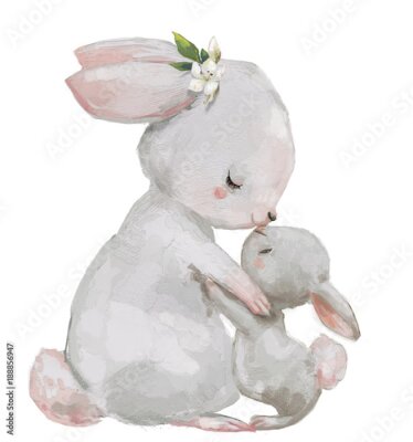 Poster Twee schattige konijntjes in aquarel