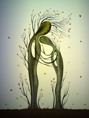 Poster Twee verliefde bomen lijken op man en vrouw, boomknuffel, familieconcept, ouder worden, herfstboomgevoelens,