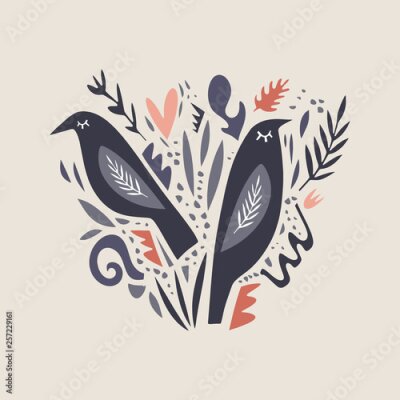 Poster Twee zwarte vogels in scandinavische stijl
