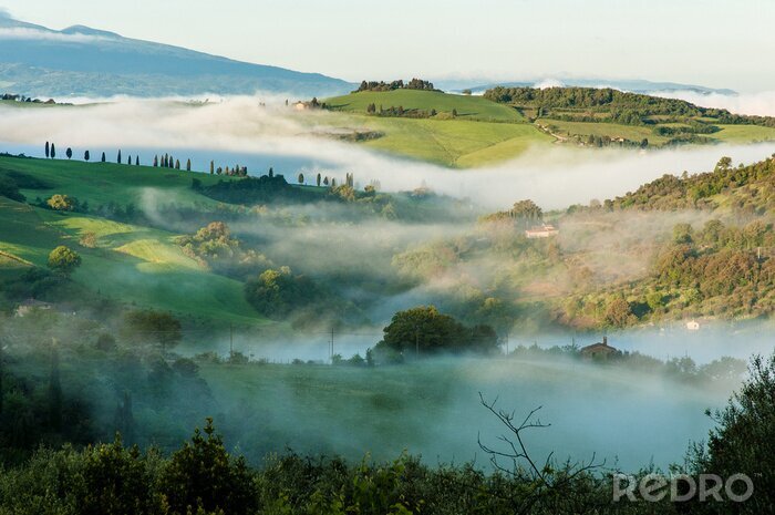 Poster Typisch Toscaanse landschap in de ochtend mist
