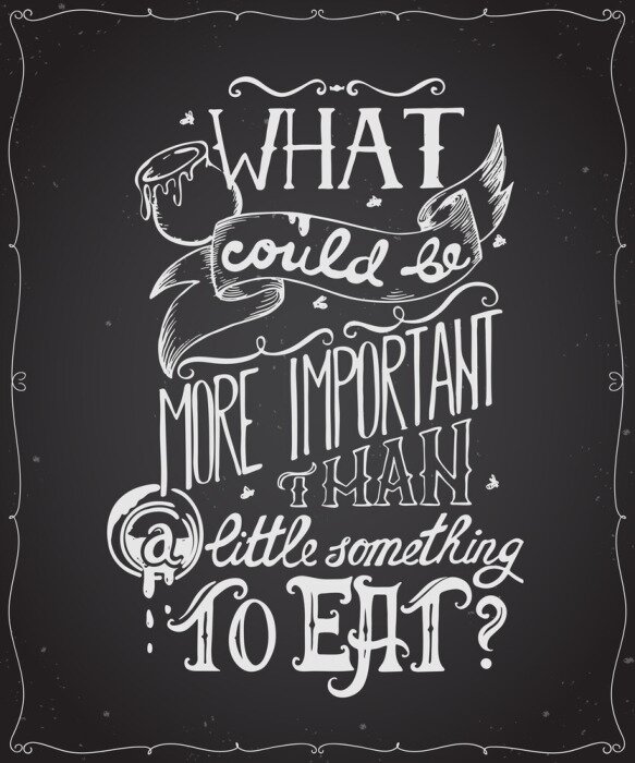 Poster Typografie poster citaat met hand getrokken belettering en decoratieve elementen. Wat is belangrijker dan een beetje iets om te eten. Conceptontwerp voor t-shirt, print, kaart. Vector illustratie