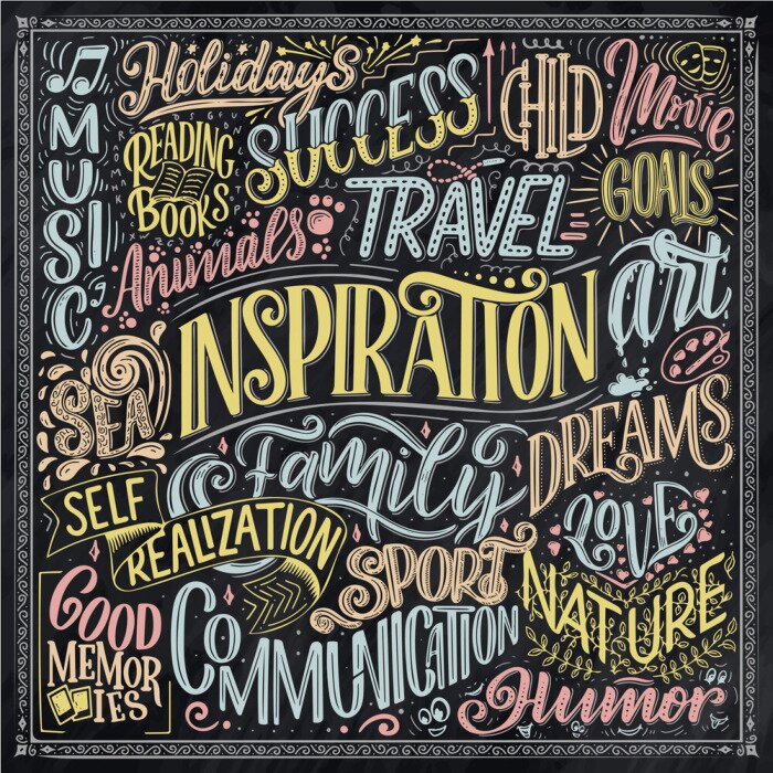 Poster Typografische illustratie met veelkleurige inscripties