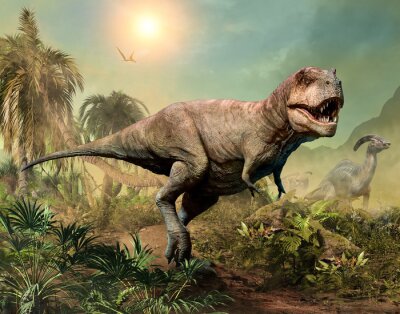 Tyrannosaurus Rex op een achtergrond met tropische vegetatie
