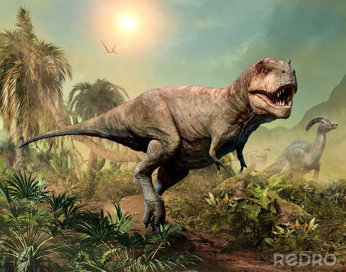 Poster Tyrannosaurus Rex op een achtergrond met tropische vegetatie