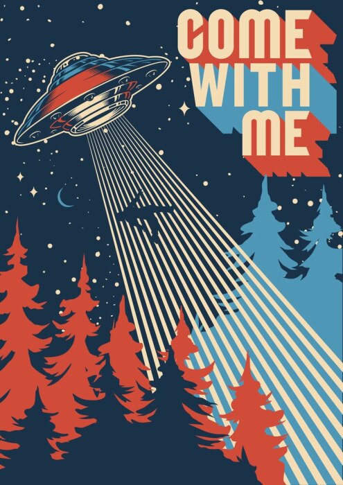 Poster UFO abducts man colorful poster