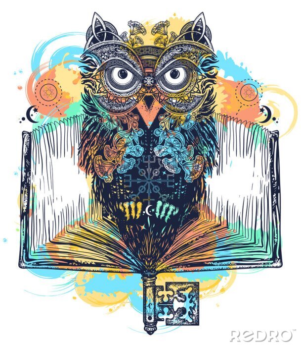 Poster Uil en open boek tatoeage en t-shirt ontwerp aquarel spatten stijl. Symbool van onderwijs, literatuur, poëzie, wijsheid, lezen. Open boek, vintage sleutel en magische uil