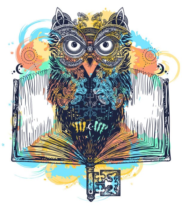 Poster Uil en open boek tatoeage en t-shirt ontwerp aquarel spatten stijl. Symbool van onderwijs, literatuur, poëzie, wijsheid, lezen. Open boek, vintage sleutel en magische uil