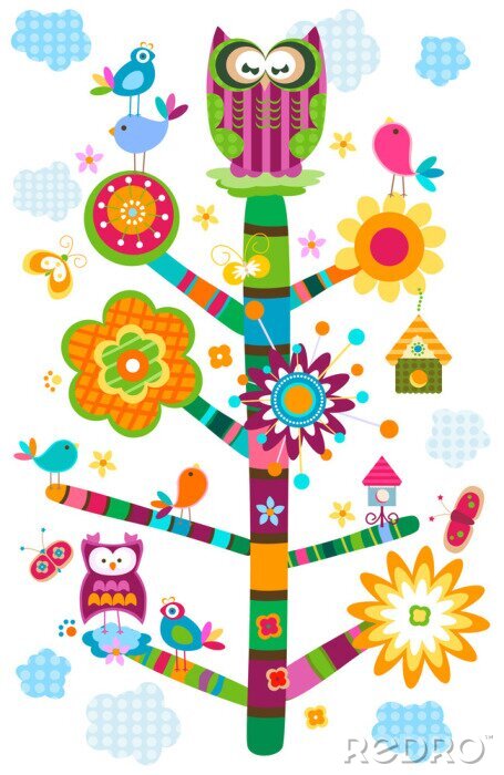 Poster Uil op een kleurrijke boom