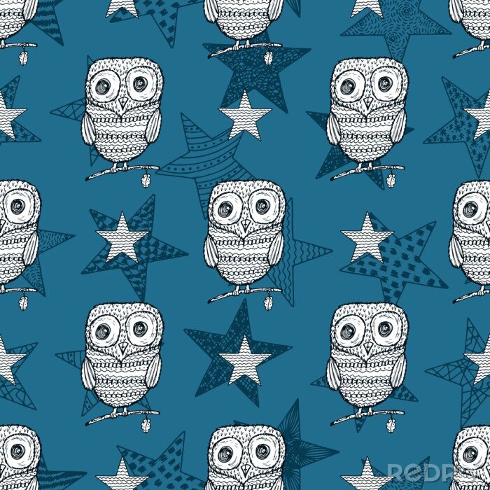 Poster Uilen op een achtergrond van blauwe sterren