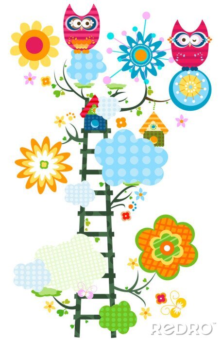 Poster Uilen zittend op een abstracte kleurrijke boom