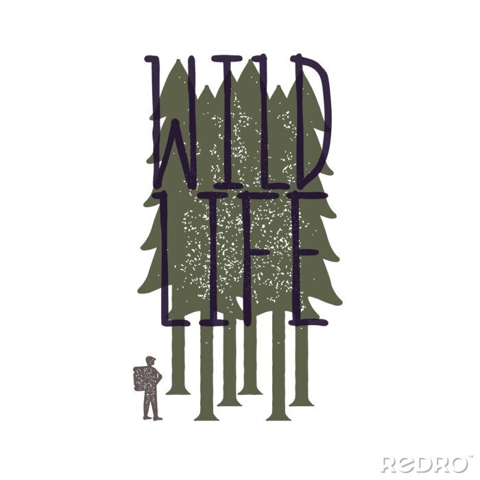 Poster Uitstekend embleem van toerist-reiziger in bos en het inschrijvings wilde leven. Grunge-badge, typogrfisch symbool geschikt voor T-shirts of print. Geïsoleerde vectorillustratie