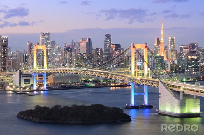 Poster Uitzicht op de baai van Tokio, Rainbow Bridge, en Tokyo Tower