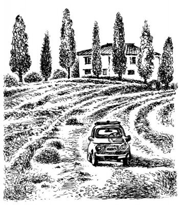 Poster Uitzicht op Toscane met een oude auto