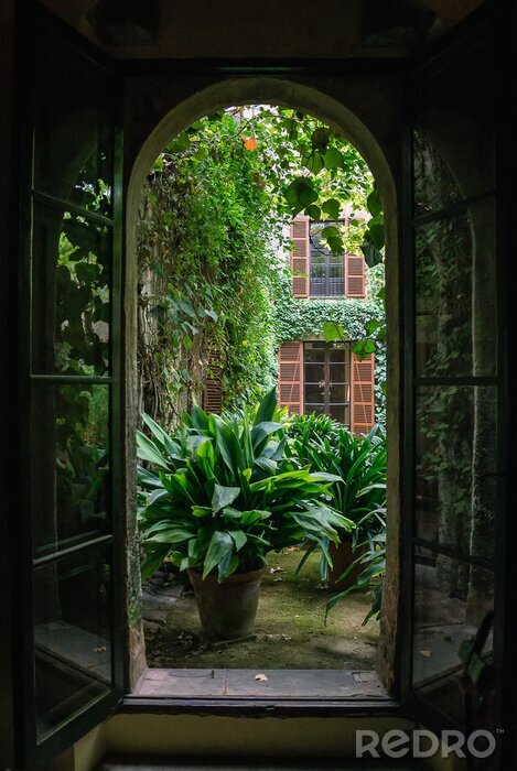 Poster Uitzicht vanaf het open raam naar de tuin.