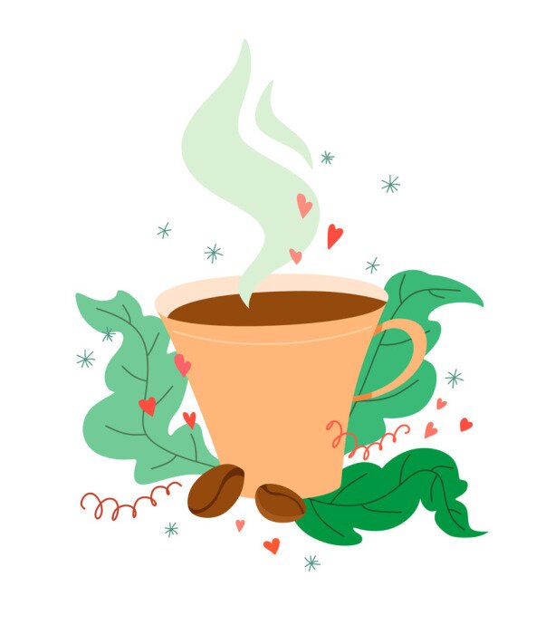 Poster Unique and cute coffee mug with coffee beans in a cartoon style with decor. Vector on white background