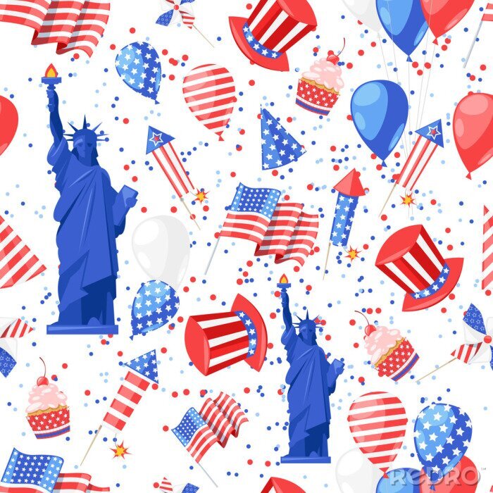 Poster USA naadloze patroon. Vector achtergrond afdrukken. Amerikaanse nationale symbolen, viering Independence Day