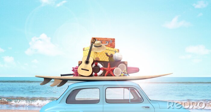 Poster Vakantiebagage op het dak van de auto