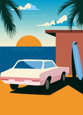 Poster Vakantievibe met een roze auto
