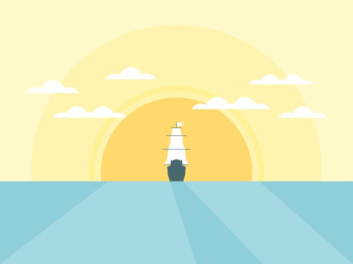 Poster Varend schip op de achtergrond van de zon in een vlakke stijl met een schaduw. Overzees daglicht. Vector illustratie