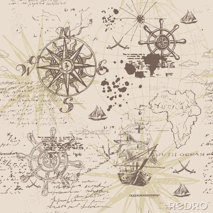 Poster Vector abstract seamless background on the theme of travel, adventure and discovery. Old hand drawn map with vintage sailing yachts, wind rose, routs, nautical symbols and handwritten inscriptions