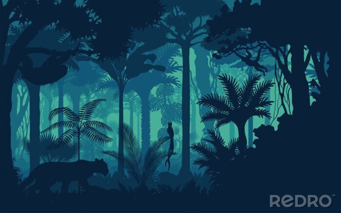 Poster Vector avond tropisch regenwoud Jungle achtergrond met jaguar, luiaard, aap en qetzal