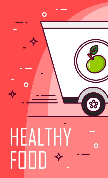 Poster Vector banner with healthy food for delivery. Thin line flat design card.