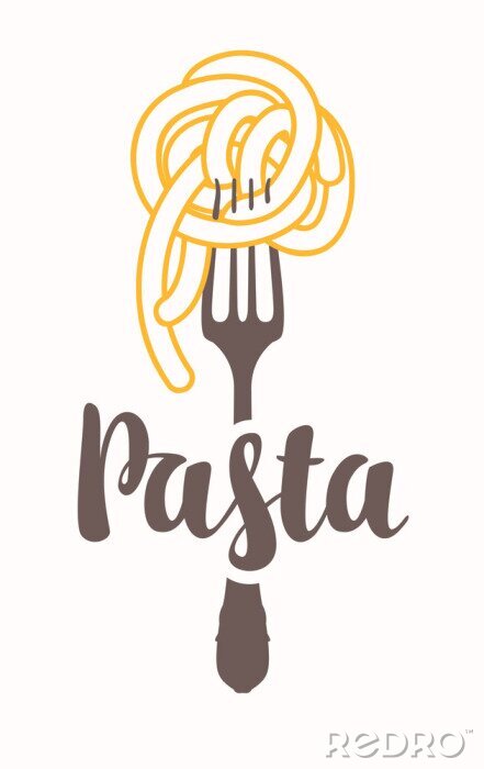 Poster Vector banner with pasta on a fork and calligraphic inscription on light background. Decorative illustration in flat style. Suitable for flyer, label, tag, logo, icon, badge, sticker, design elements