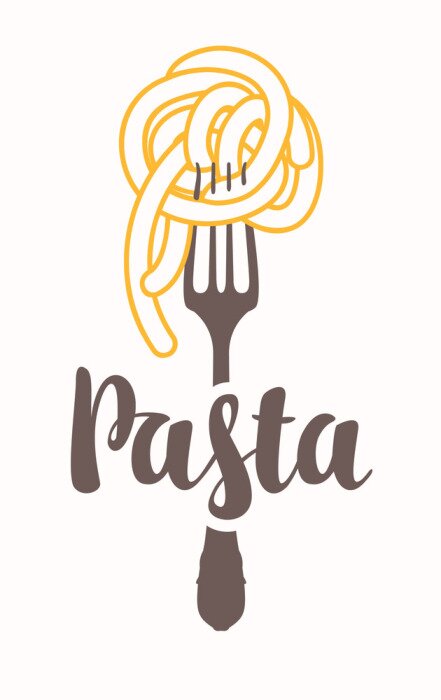 Poster Vector banner with pasta on a fork and calligraphic inscription on light background. Decorative illustration in flat style. Suitable for flyer, label, tag, logo, icon, badge, sticker, design elements