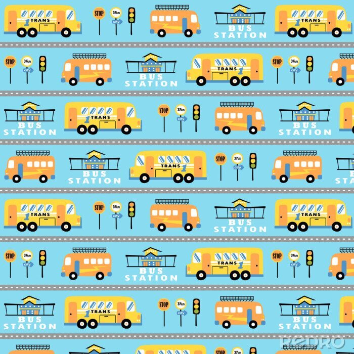 Poster vector cartoon pattern with buses, bus station