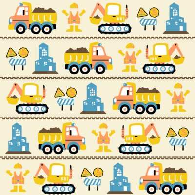 Behang vector cartoon seamless pattern with construction vehicles, construction signs, worker uniform, buildings.