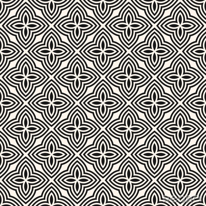 Poster Vector floral seamless pattern. Abstract black and white geometric ornament with flowers in oriental style. Elegant mosaic background. Simple monochrome ornamental texture. Endless repeatable design