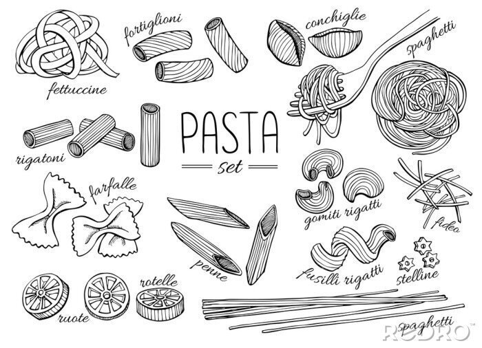 Poster Vector hand getrokken pasta set. Vintage lijn kunst illustratie