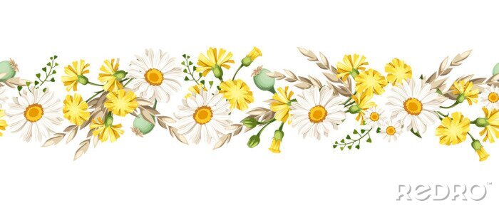 Poster Vector horizontal seamless border with white daisies and yellow wild flowers and ears of wheat. 