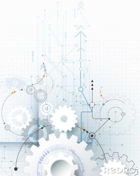 Poster Vector illustratie tandwiel, zeshoeken en printplaat, Hi-tech digitale technologie en engineering, digitale telecom-technologie concept. Abstracte futuristische op lichte blauwe kleur achtergrond
