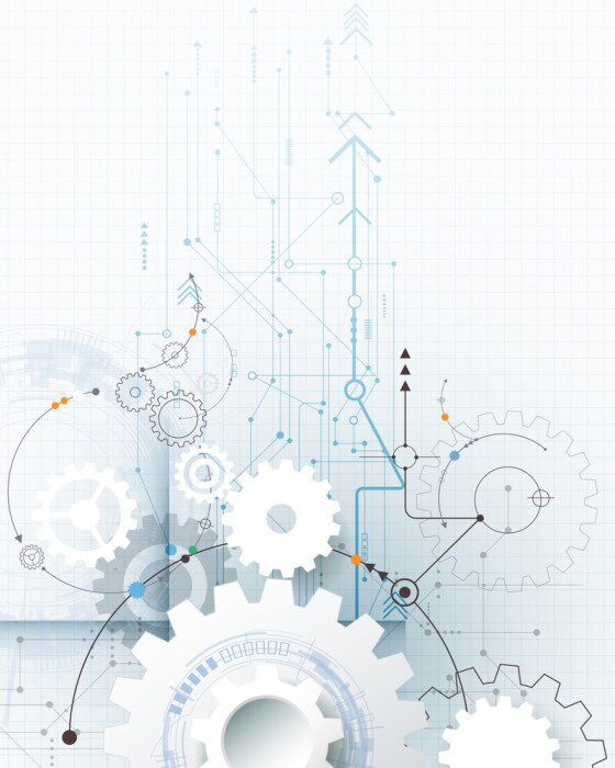 Poster Vector illustratie tandwiel, zeshoeken en printplaat, Hi-tech digitale technologie en engineering, digitale telecom-technologie concept. Abstracte futuristische op lichte blauwe kleur achtergrond