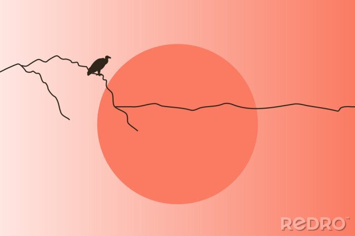 Poster Vector illustration of abstract landscape with sun and vulture bird on rock
