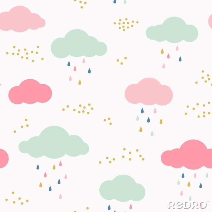 Poster Vector kids patroon met wolken, regen druppels en punten. Leuke scandinavische naadloze achtergrond in mint, roze, geel en grijs.