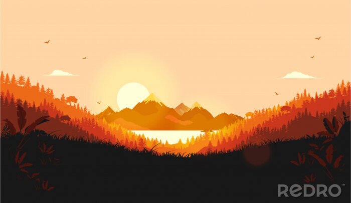Poster Vector landscape with warm sun. Sunrise over mountains with ocean and forest. Red and orange colours. Good morning, new day and positive emotions concept. Illustration.