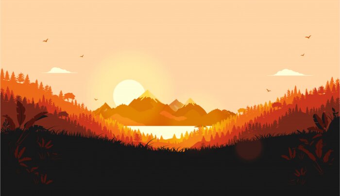 Poster Vector landscape with warm sun. Sunrise over mountains with ocean and forest. Red and orange colours. Good morning, new day and positive emotions concept. Illustration.