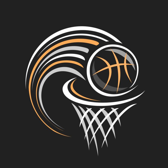Poster Vector logo for Basketball, decorative badge with basketball ball flying on trajectory in basket with net on black background, sports chalk sketch on blackboard.