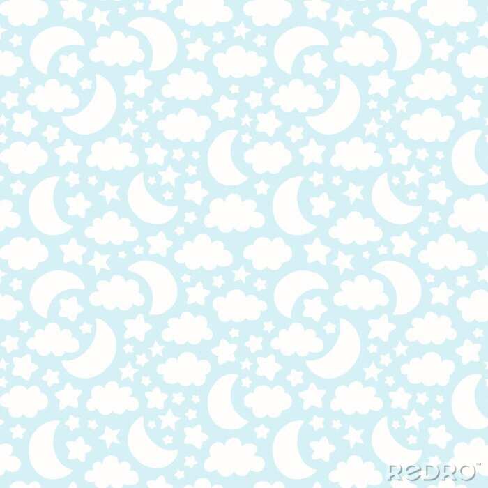 Poster Vector naadloos patroon met maan, wolk en sterrensilhouetten. Leuke baby, kinderen achtergrondillustratie.