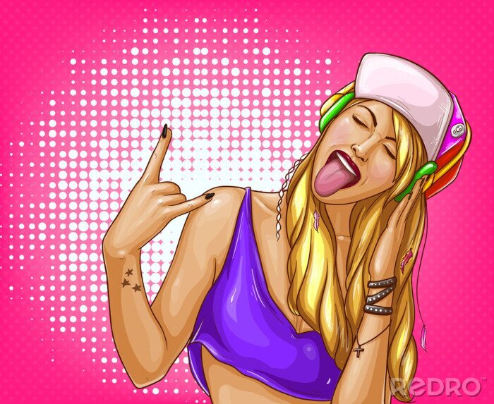 Poster Vector pop art hipster meisje luistert muziek in hoofdtelefoons met gesloten ogen en open mond. De jonge blondevrouw in honkbal GLB en de purpere mouwloos onderhemd die pret hebben, toont tong en maak