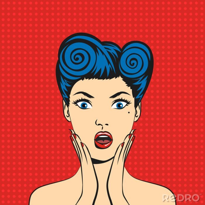 Poster Vector pop art verrast vrouw gezicht met open mond