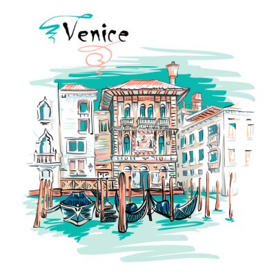 Poster Vector schilderachtig uitzicht met Palazzo in Venetiaanse gotische stijl op het Canal Grande in de zomerdag, Venetië, Italië.