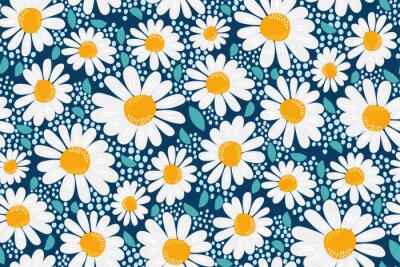 Vector seamless pattern. Creative floral print with chamomile flowers, leaves in a hand-drawn style on a dark blue-turquoise background. Perefct spring/summer template for fashion design, textiles...
