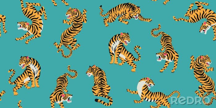 Poster Vector seamless pattern with cute tigers on background. Fashionable fabric design.