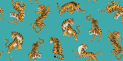 Behang Vector seamless pattern with cute tigers on background. Fashionable fabric design.