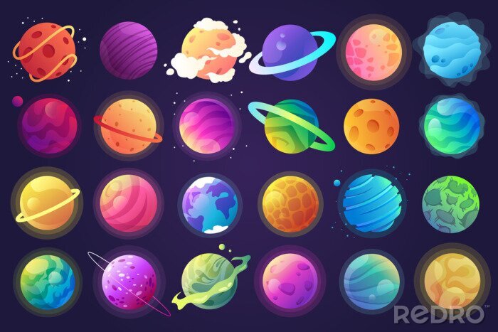 Poster Vector set of cartoon planets. Colorful set of isolated objects. Space background. Fantasy planets. EPS 10