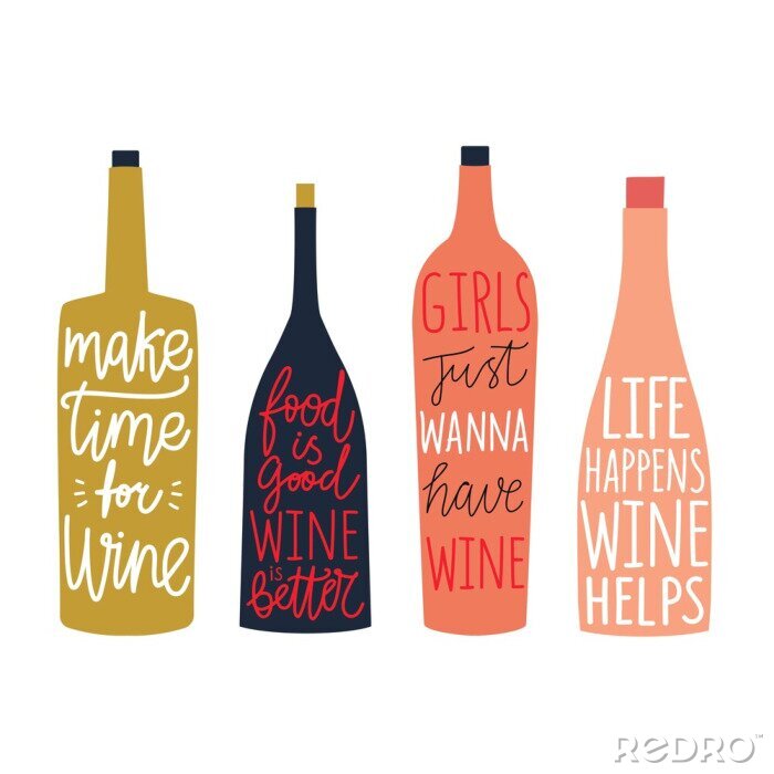 Poster Vector set with bottles of wine and champagne with lettering and calligraphy quotes.