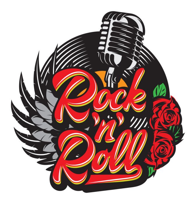 Poster Vector stylish print template on the theme of rock with microphone, wing, vinyl, rose